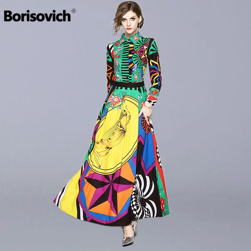 

Borisovich Runway Maxi Dress New 2018 Autumn Fashion Vintage Print Turn-down Collar Elegant Slim Women Party Long Dresses M659