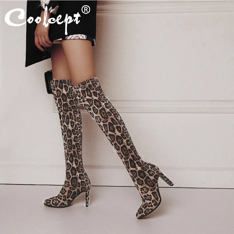 

Coolcept 11 Colors High Heels New Fashion Long Boots Office Stretch Boots Over Knee Shoes Women Leopard Footwear Size 34-43