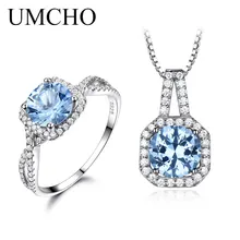 UMCHO 925 пробы серебряные ювелирные изделия Круглый создан голубой топаз комплект Кольцо ожерелья и подвески для женщин Свадебная вечерин