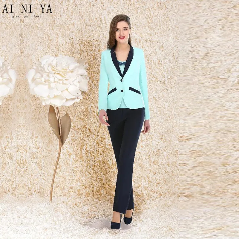 Mint Green Jacket Womens Business Suits Black Pants Suit Formal OL Long