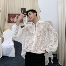 MIXCUBIC Весна Англия Стиль ретро дворец уникальные полые кружевные рубашки для мужчин повседневные свободные крутые кружевные рубашки для мужчин