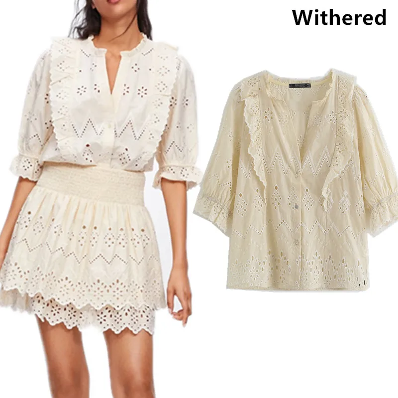 

Withered blusas mujer de moda 2019 ruffles embroidery hollow out summer kimono blouse womens tops and blouses 0609