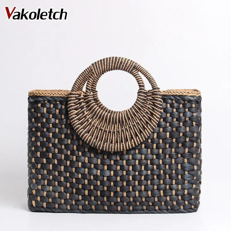

2019 Hand basket shopping bag Black color Bali Island Hand Woven Bag Butterfly buckle Straw Bags Satchel Bohemia Beach Bag KL619