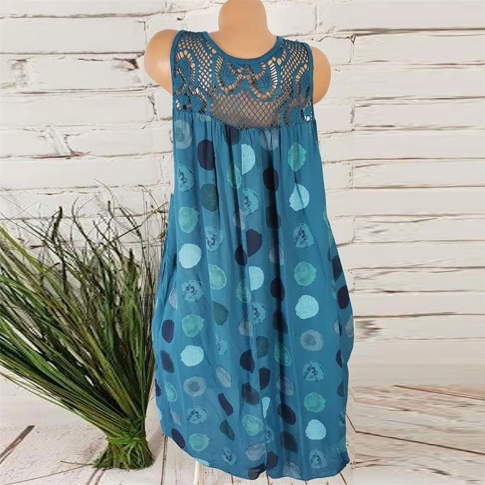JAYCOSIN Women's Clothing O-Neck Sleeveless Loose Dress Ladies Boho Casual Dot Printed Lace Tank Summer Beach Plus Size Dress