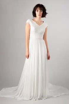 

New A-line Lace Chiffon Modest Wedding Dresses With Cap Sleeves V Neck Summer Women Informal Modest Bridal Gowns