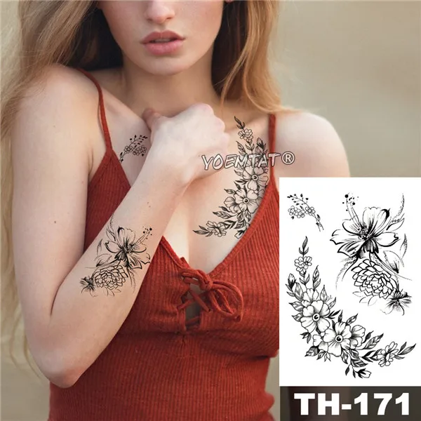 Водостойкая временная татуировка наклейка эскиз линия пион узор тату Вода Передача Роза боди арт поддельные руки татуировки для женщин - Цвет: TH-171