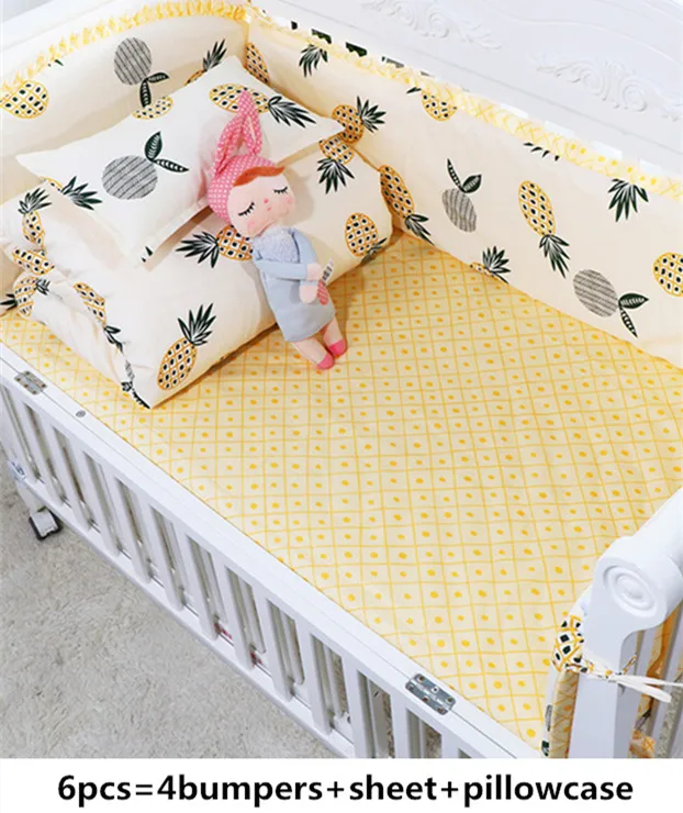 

Promotion! 6PCS pineapple Cotton Baby Nursery Cot Crib Bedding Set Crib Bumper for Girls and Boys (4bumpers+sheet+pillow cover)