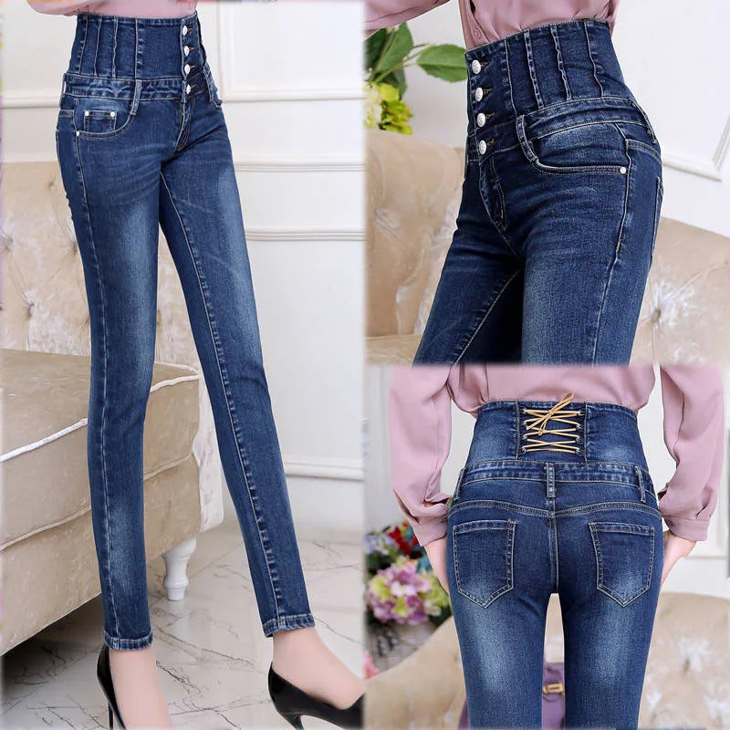 Джинсы для женщин для Высокая талия брюки девочек плюс до большой размеры женские узкие джинсы 7xl кружево деним Modis уличная черны