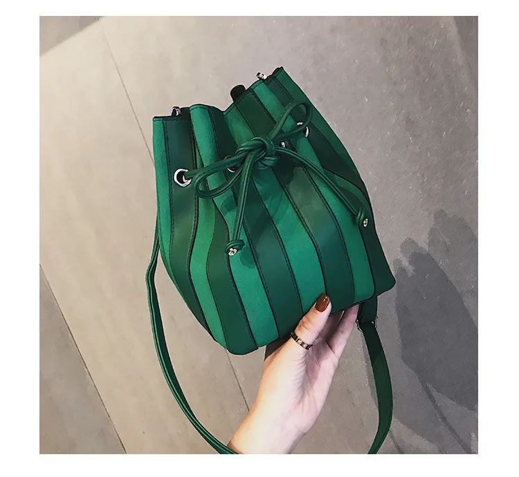 

2018 Designer Panelled Pu Leather Bucket Tote Bag Striped Brand Women Messenger Bag Handbags Female Lady Wide Shoulder Strap Bag