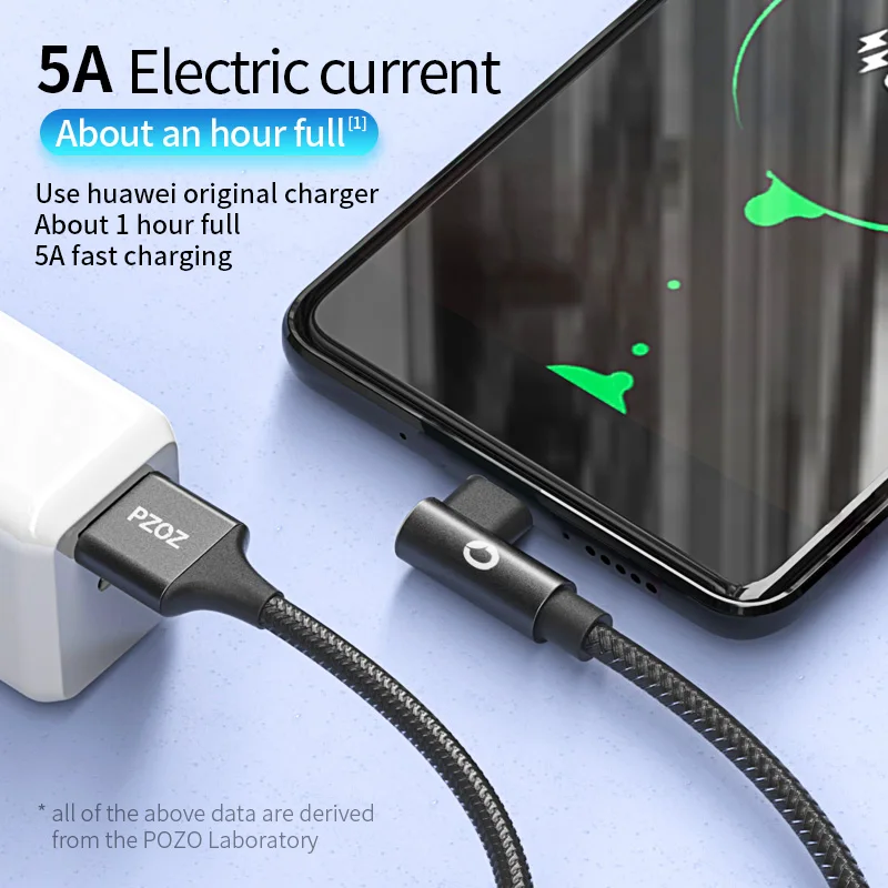 PZOZ 5A usb-c cable USB tipo C 90 Grado de carga rápida para Huawei P20 P10 amigo 20 Pro 10 nova 2 s cargador usb-c Tipo de datos-c cable