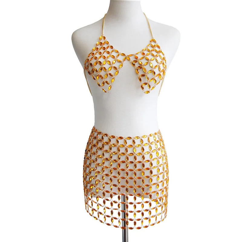 

Gold /Silver Shiny Acrylic Crystal Bikini Bra Body Chain Women Sexy Body Chest Chain Harness Beach/Party/ Necklace Body Jewelry