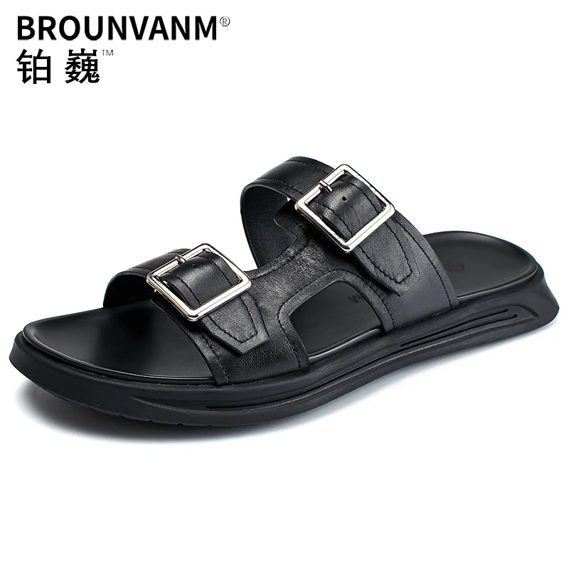 

half Slippers mens summer men beach shoes summer fender summer men genuine leather slippers all-match cowhide Flip Flops beach