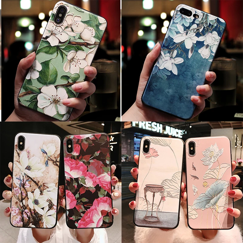 

Phone Case For iPhone 6 6S 7 8 Plus X XR XS Max 5 5S SE Cover Coque Fashion 3D Relief Flower Soft TPU For iPhone X Case Girl