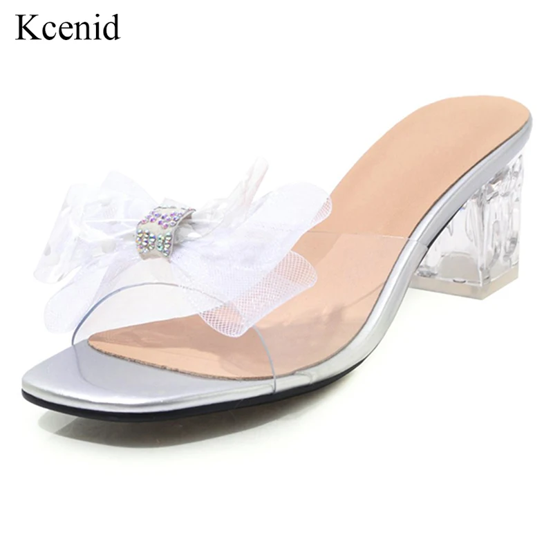 

Kcenid Big shoes size 32-43 48 new women PVC crystal heel transparent slippers women sweet bow clear perspex heels summer slides