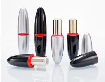 

12.1mm Empty Black/Silver Bullet Shaped Lipstick Tube, DIY Oval Style Plastic Lip Balm Container, Beauty Lip Rouge Sub package