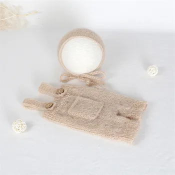 

Vintage Newborn Handknit Romper Hat Set Photo Prop Baby Boys Girls Mohair Fluffy Outfit Photography Props