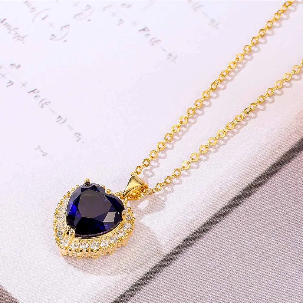 Blue Crystal heart Necklace Female Europe Retro Heart Pendant Zircon