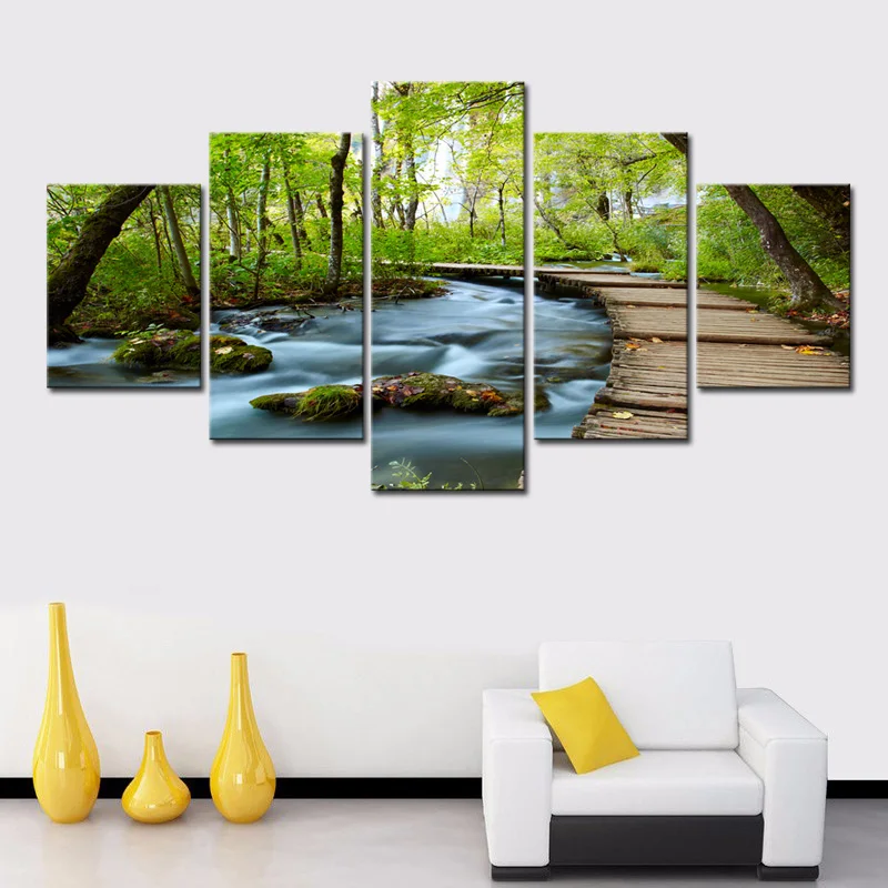 5 Panels Landscape Canvas Wall Art Painting Green Forest Modern Nature