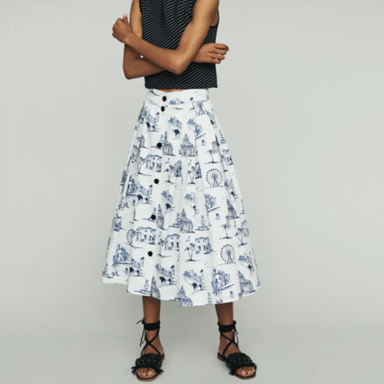 

Women Skirt 2019 Spring and Summer New Architectural Style Printed White Skirt