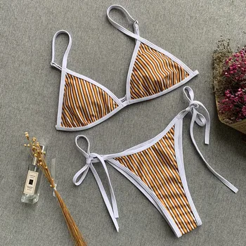

Triangle Push Up Bikini Set Stripe Bikinis Women Padded Thong Swimwear Micro Bandage Swimsuit Strappy Beach Wear Bathing Suit