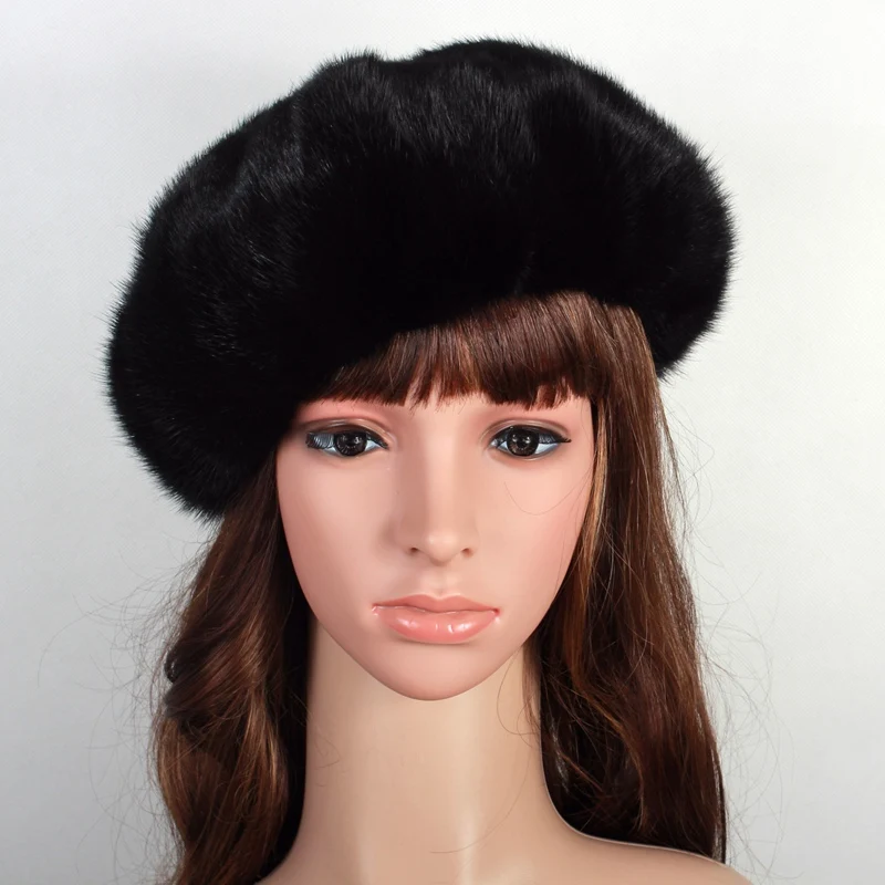 

Russian Women's Real Mink Fur Berets Hats Female Winter Warm Caps Fashion Headgear VK3075