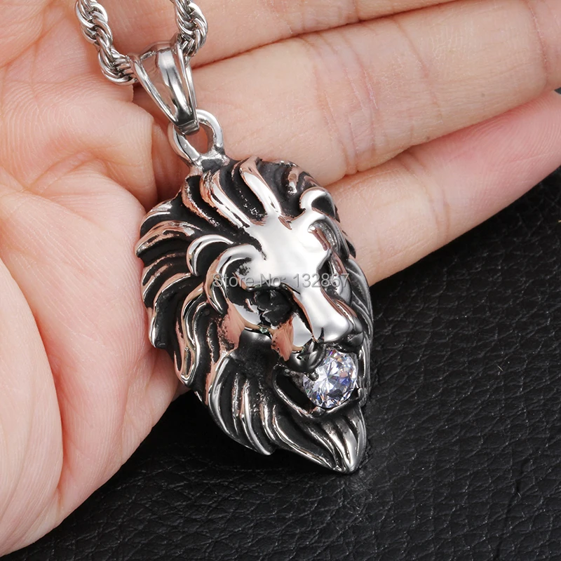 

Rock&Roll Gothic Men 316L Stainless Steel Casting Silver Cool Lion Head CZ Charm Pendant With Free 22" Rope Necklace chain