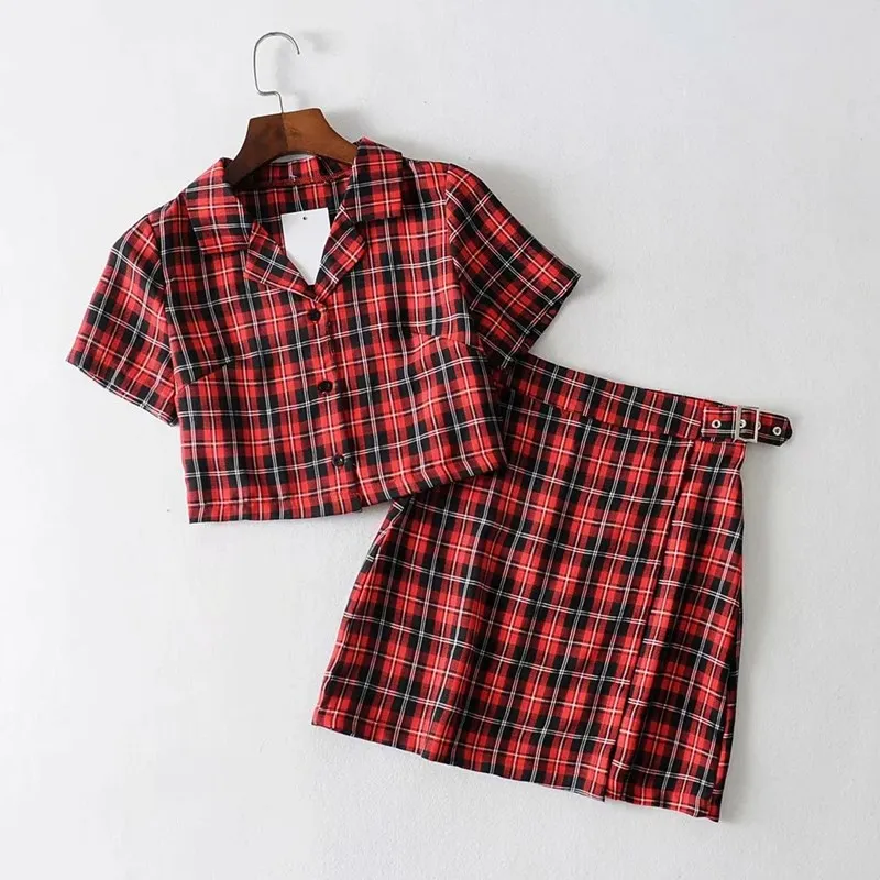 

Women Plaid Vintage Two Piece Set Package Hip Mini Skirt Sets Preppy Style Crop Top And Pencil Skirt Matching Sets