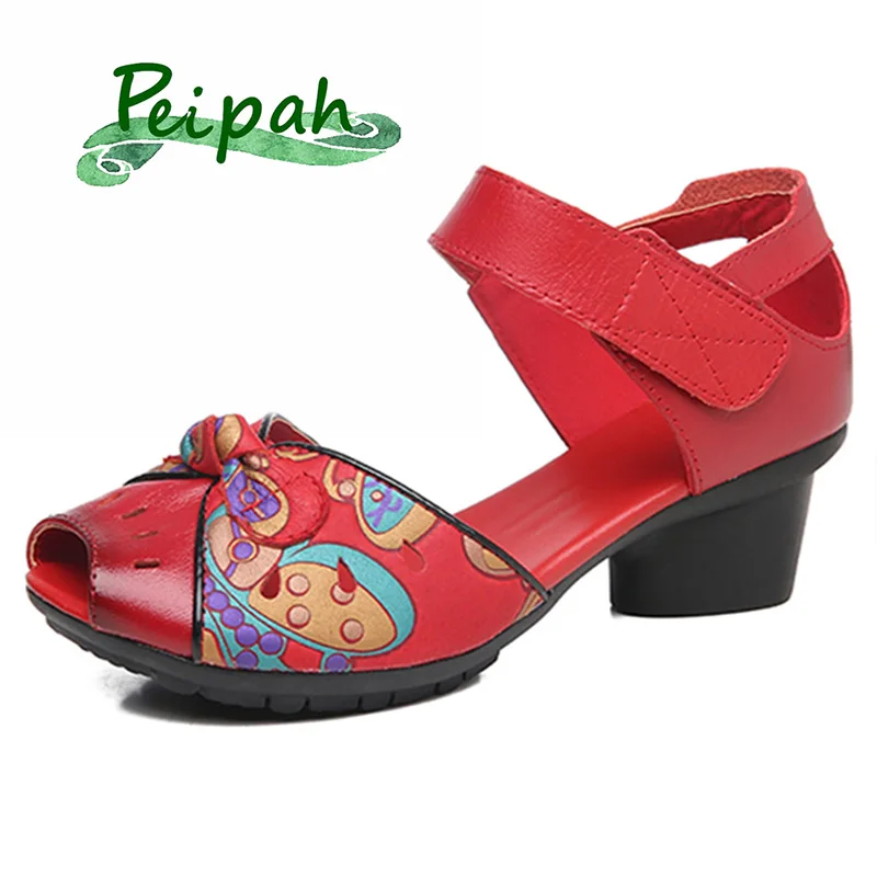 

PEIPAH Handmade 2019 Summer Retro National Style Genuine Leather Women's Sandals Fish Mouth Velcro Buckle Printed Femme Shoes