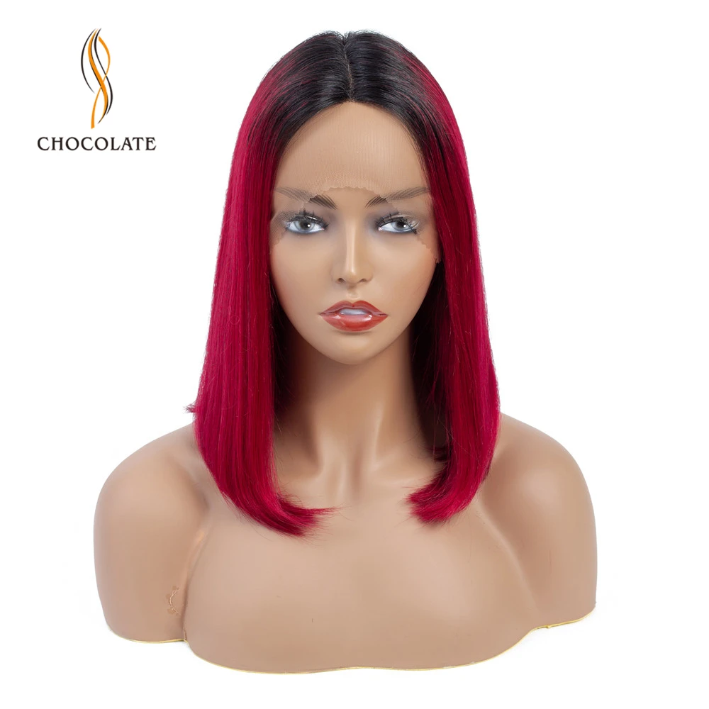 

Ombre Red T Shape Lace Human Hair Wig For Women Brazilian Straight Human Hair Wigs Remy Short Bob Lace Hairline Wigs Middle Part
