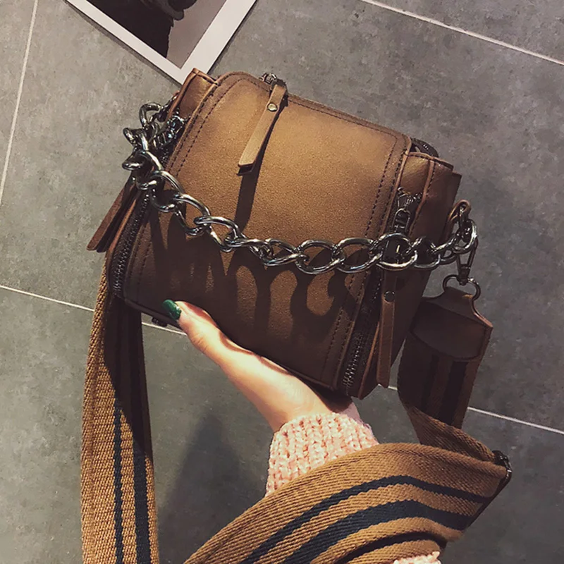 ETAILL Barrel Shaped Scrub Leather Design Crossbody Bag With Thick Chain Stripe Wide Strap Shoulder Bag Small Flap Bucket Bag ETAILL Barrel Shaped Scrub Leather Design Crossbody Bag With Thick Chain Stripe Wide Strap Shoulder Bag Small Flap Bucket Bag