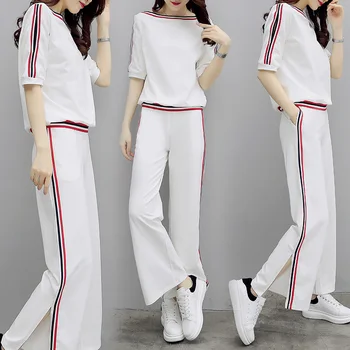 

2018 new women casual suit plus size loose top t shirt & wide-legged pants Korean fashion summer two-piece clothing set S-XXL