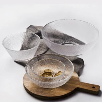 

Rice Bowls Glass Salad Bowl Food Tray Transparent Dinner Tools Japanese Home-use Fruit Noodles Baking Container Dinnerware 1pcs