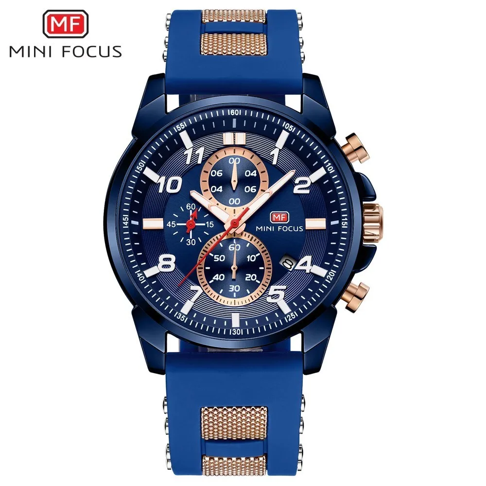 Blue Мини фокус золотые модные спортивные часы для мужчин люксовый бренд Аналоговые мужские часы кварцевые часы мужские часы хронограф силиконовый ремешок - Цвет: Blue