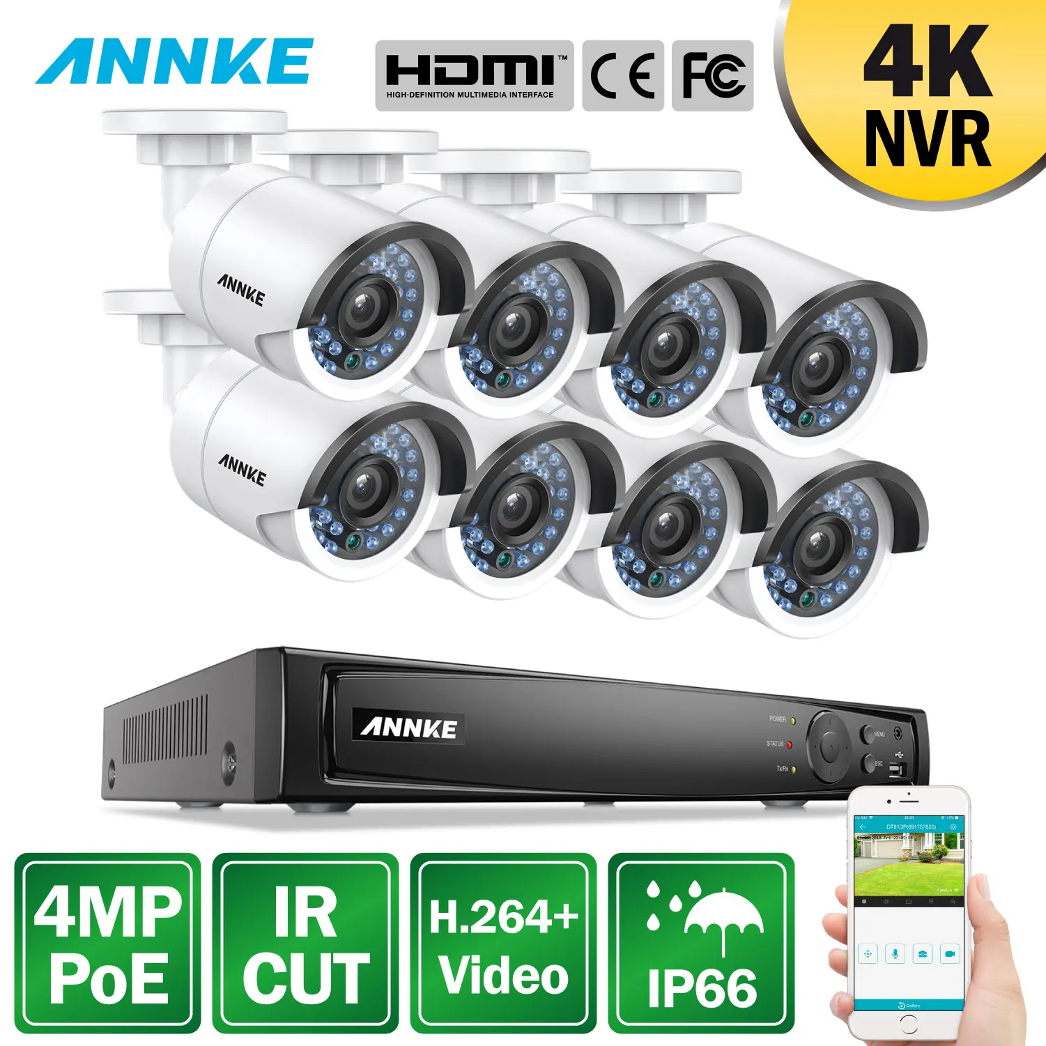 

ANNKE 8CH 1080P POE NVR Security System 4K NVR With 8PCS 4mm 2MP Weatherproof IR CUT Night Vision Cameras H.264 Surveillance Kit