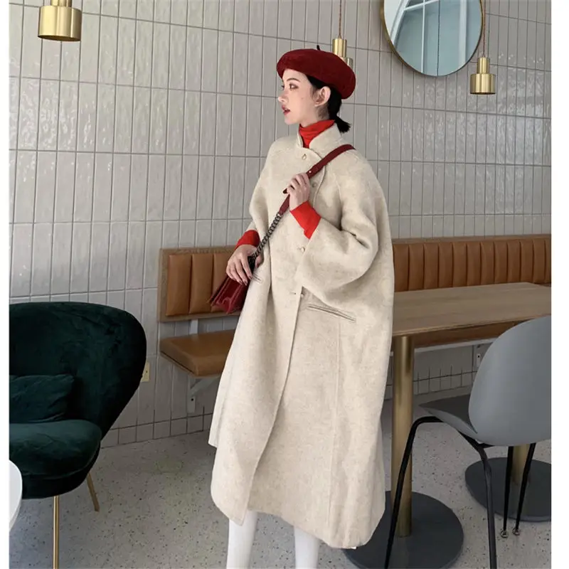 Plus Size casaco feminino inverno Stand Collar Windbreaker Retro Fashion Loose Long Section Long Sleeve Woolen Coat f1121