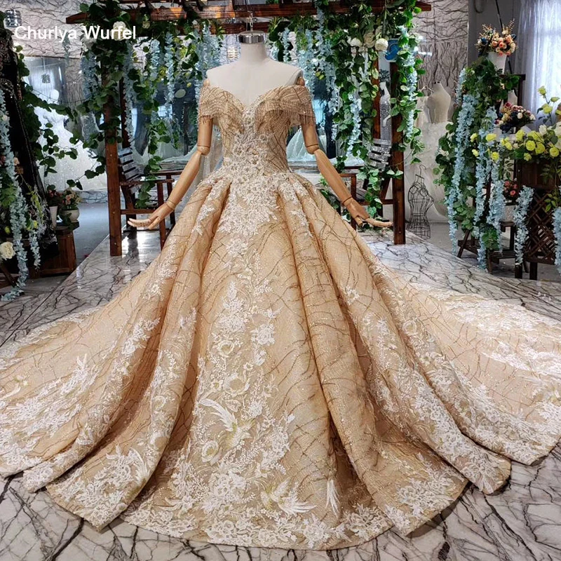 

HTL444 champagne wedding dresses with golden lace tassel off the shoulder appliques bridal wedding gowns vestidos de novia 2019