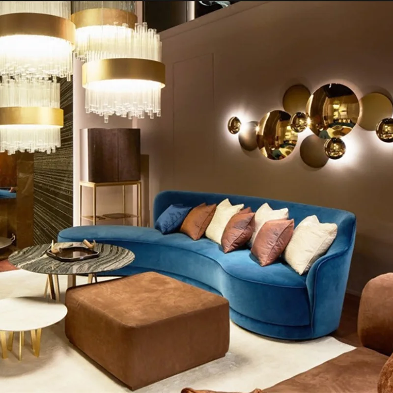 Скандинавский светильник, роскошный голубой тканевый диван, офисный лобби, изогнутый диван, диван для салона красоты отеля
