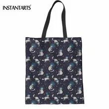 INSTANTARTS милые космические Kitty печать женские льняные сумки для покупок повседневные складные многоразовые сумки большой шоппер сумка для женщин
