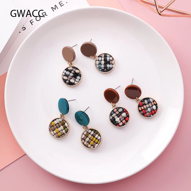

GWACC New Colorful knitted Wool Plaid Drop Earrings For Women Geometric Vintage Simple Round Acrylic Drop Earrings Jewelry