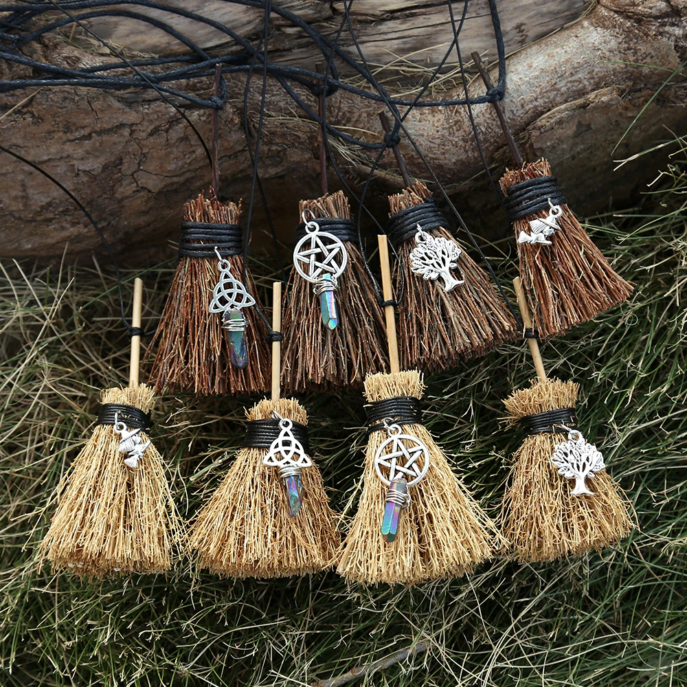 

MINI Witches Wicca Broom Necklace Travel Charm Wicca Crystal Tiny Broom Witchcraft Celtic Knot Pentagram halloween charm
