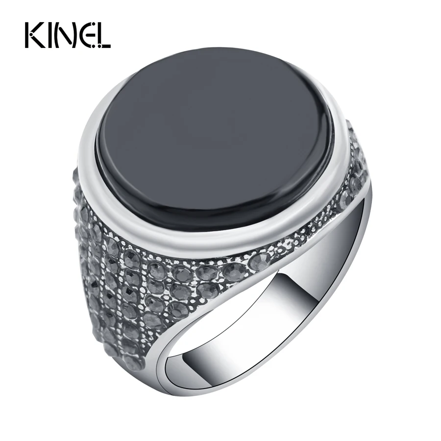 

Kinel Fashion Punk Black Men Ring Vintage Jewelry Covered Crystal Round Resin Rings For Men Christmas Gifts