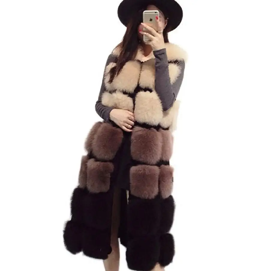 

Plus Size S-XXXL autumn and winter new imitation fox fur coat vest long stitching color fur vest Slim Rabbit fur coat wj1147