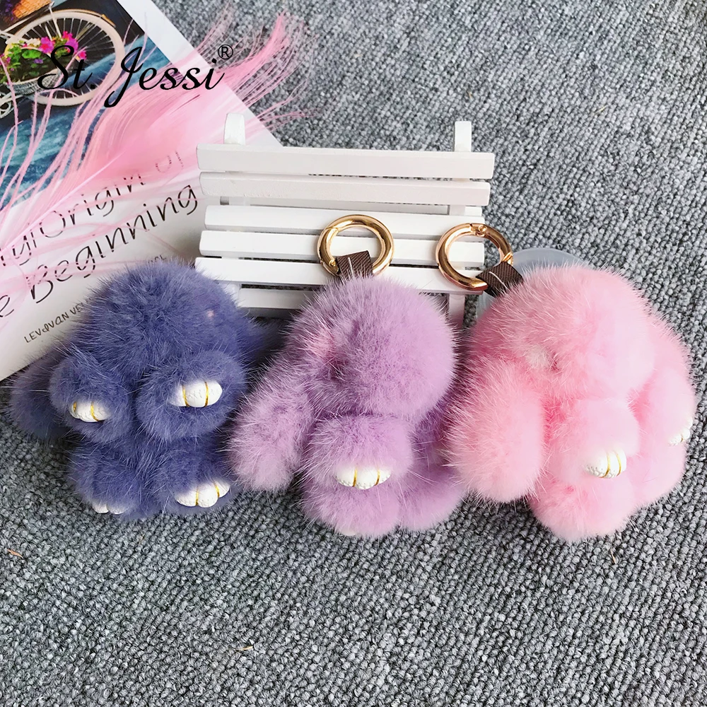 

2019 New 10cm Mini Real Mink Fur Cute Plush Bunny Rabbit Keychain Ladys Girls Bag Car Key Keyring Pompon Pendant Accessories