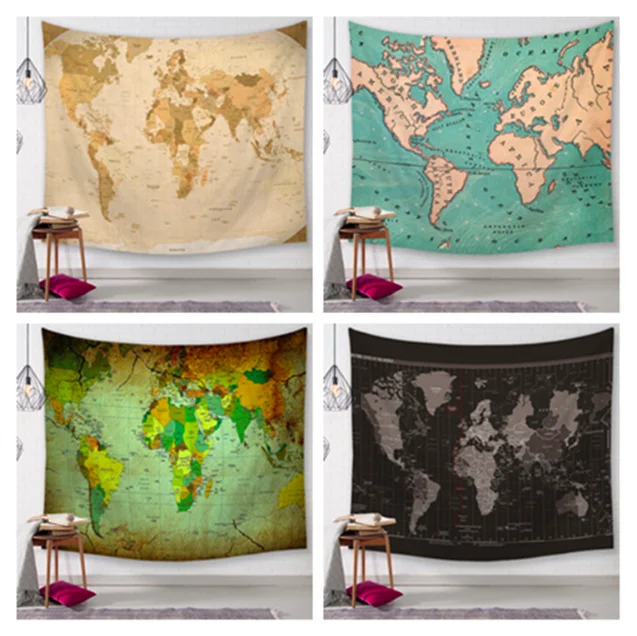 Vintage World Map Decorative Tapestries Bathroom Outdoor