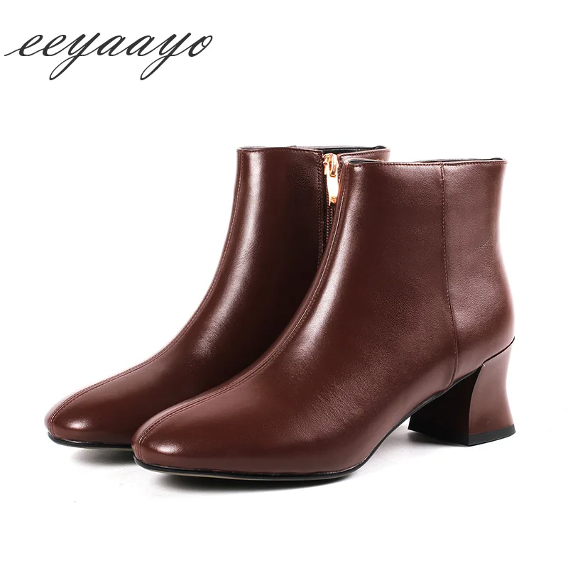 

New Winter Women Ankle Boots Genuine Leather High Heels Zip Square Toe Sexy Ladies Snow Chelsea Boots Cow Leather Women Shoes