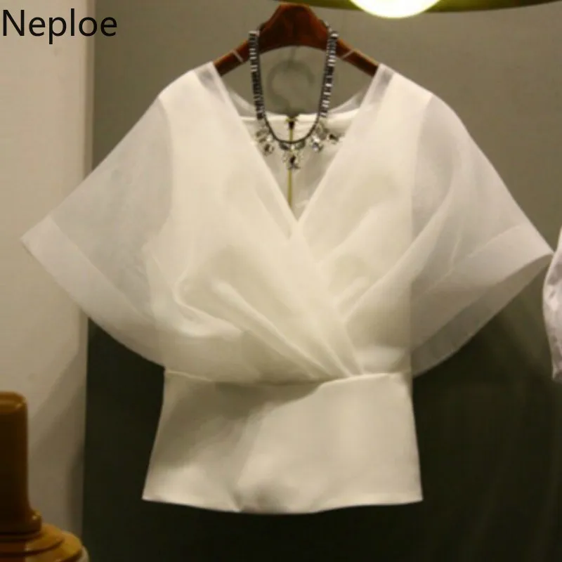 

Neploe Elegant Korean Clothes Black White Blouses Women Shirts V-neck Mesh Patchwork Ladies Tops Slim Fashion Office Blusas