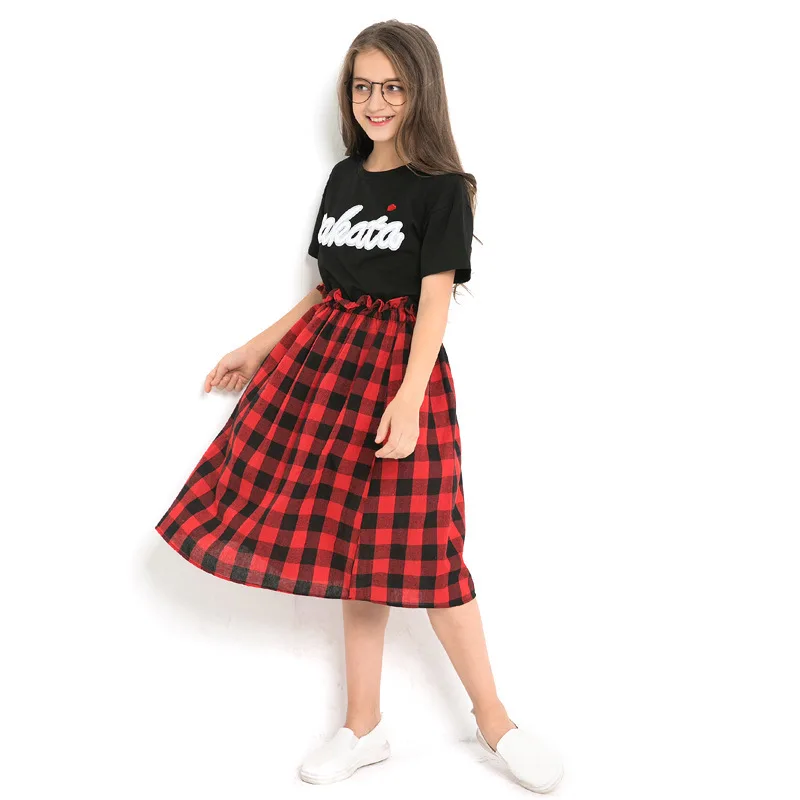 Летняя одежда для девочек клетчатые юбки Повседневные Вечерние Детские костюмы из двух предметов топы с короткими рукавами, одежда для девочек-подростков 6, 8, 10, 12, 14 лет