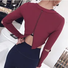 Русалка кривая молния сзади Йога Топ рубашка для женщин с длинным рукавом спортивная футболка быстросохнущая Тренажерный Зал Фитнес Спорт Бег укороченный топ