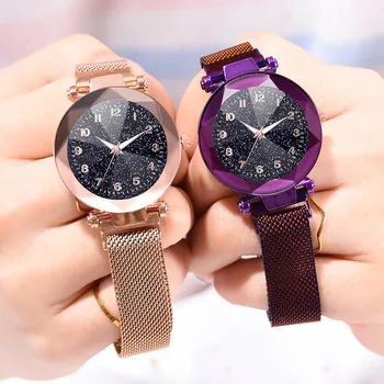 

1 Pcs Women Quartz Watch Luminous Hands Clock Starry Sky Dial with Magnetic Buckle Alloy Mesh Band LL@17