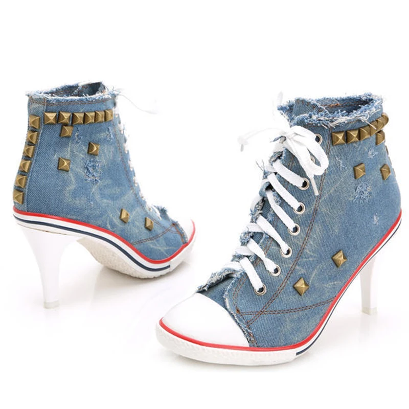 

Dropshipping Women Canvas Shoes Denim High Heels Rivets Shoes Fashion Shoe Laces Sneakers Women Short Boots zapatillas XYZ108